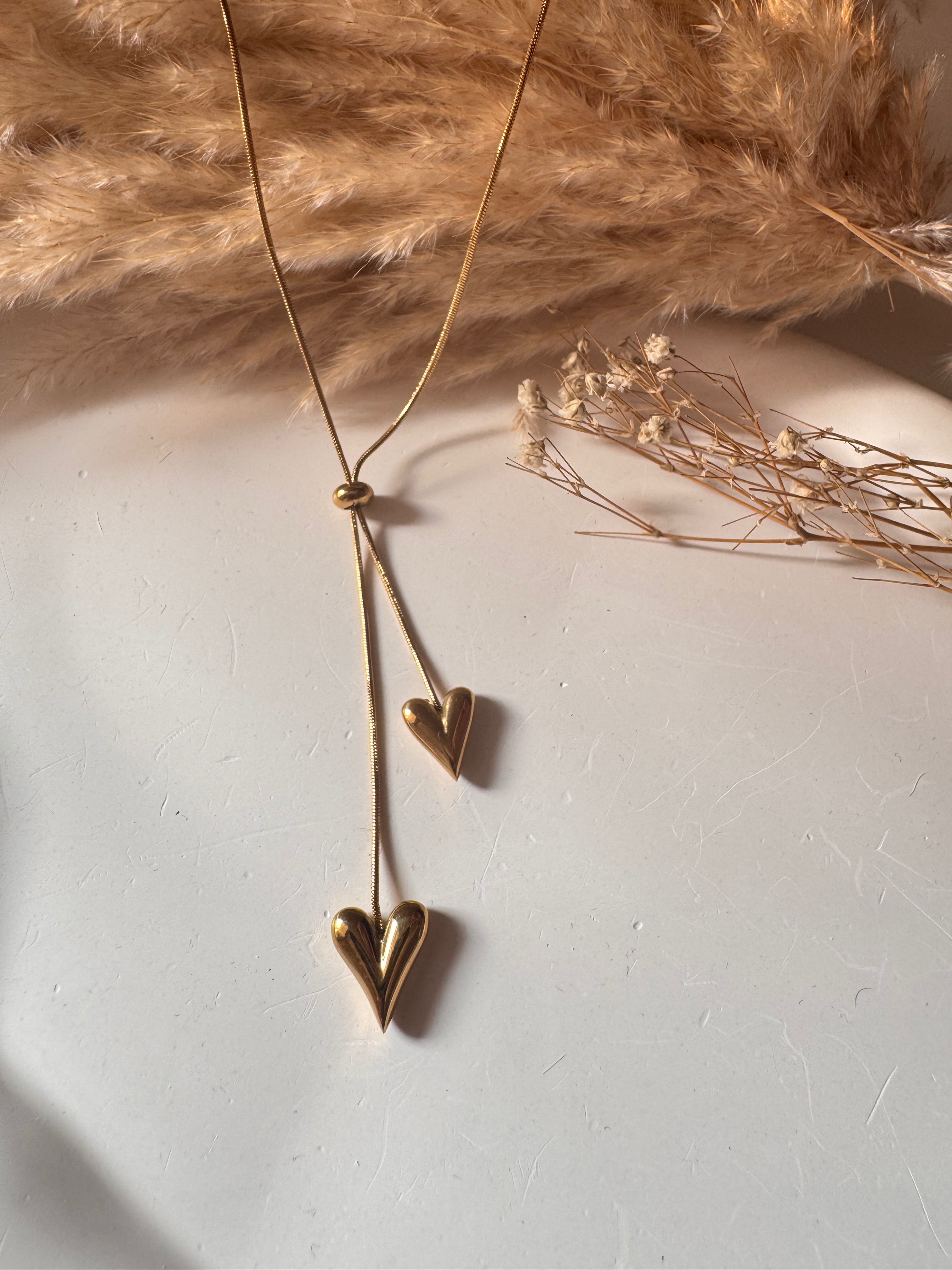 Double Heart Adjustable Necklace in Gold Finish