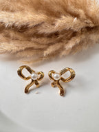 Gold Bow Pearl Earrings