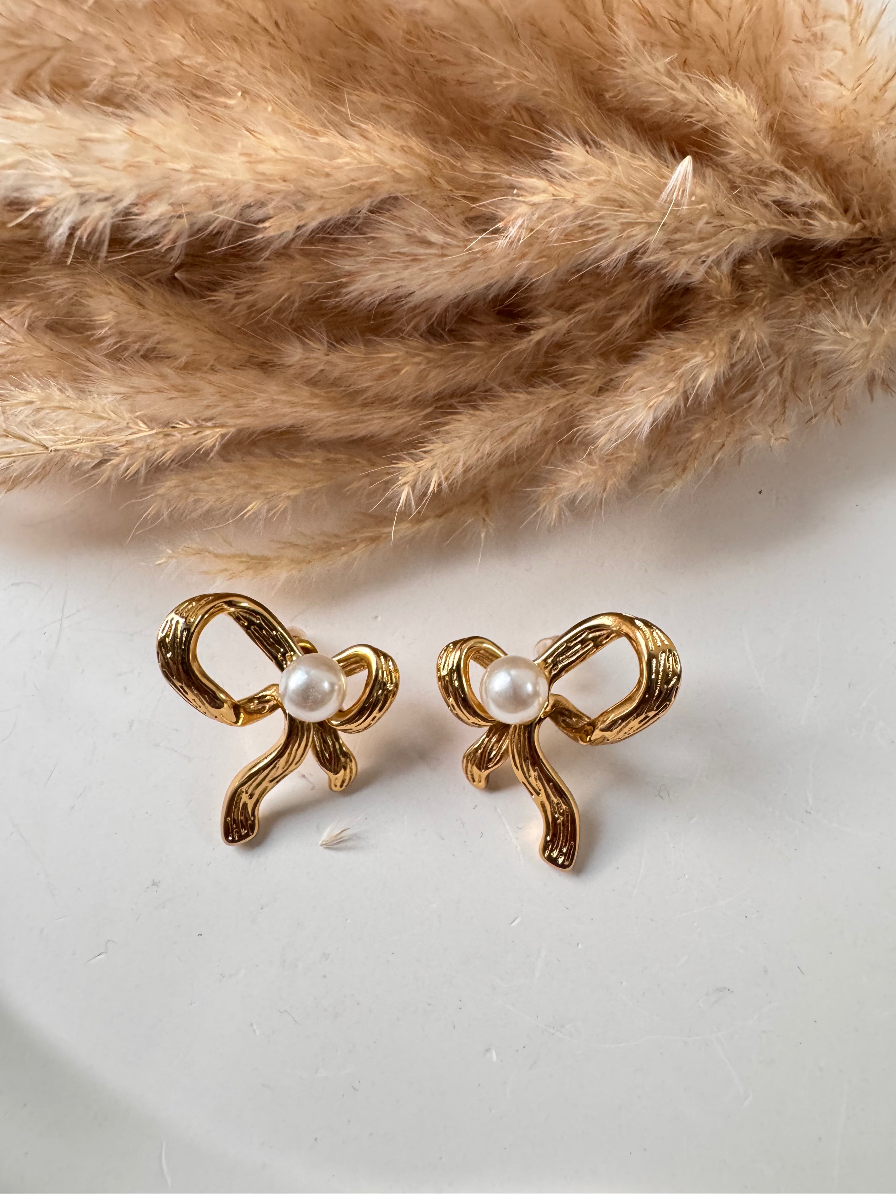 Gold Bow Pearl Earrings