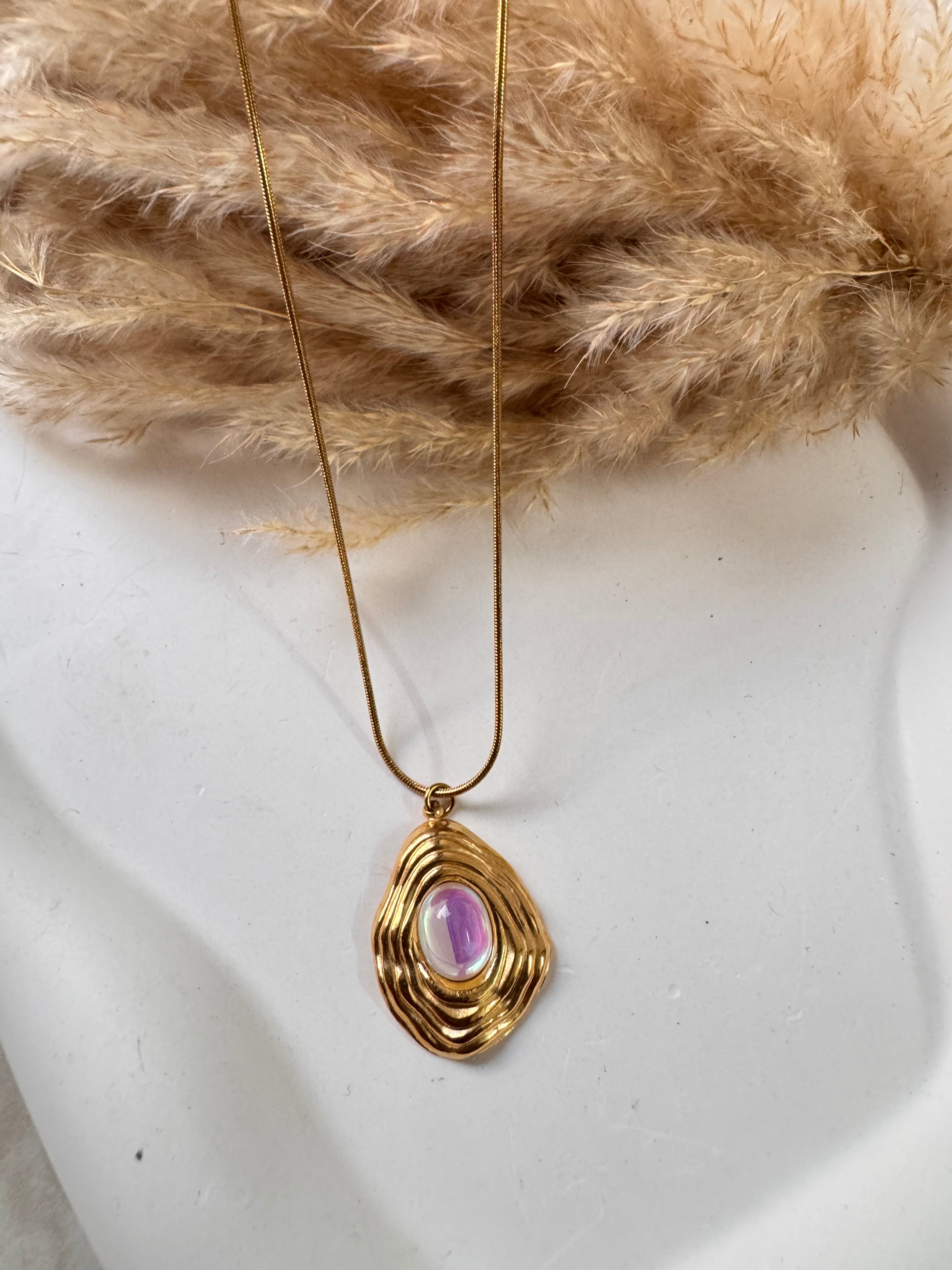 Abstract Gold Pendant Necklace with Lilac Stone