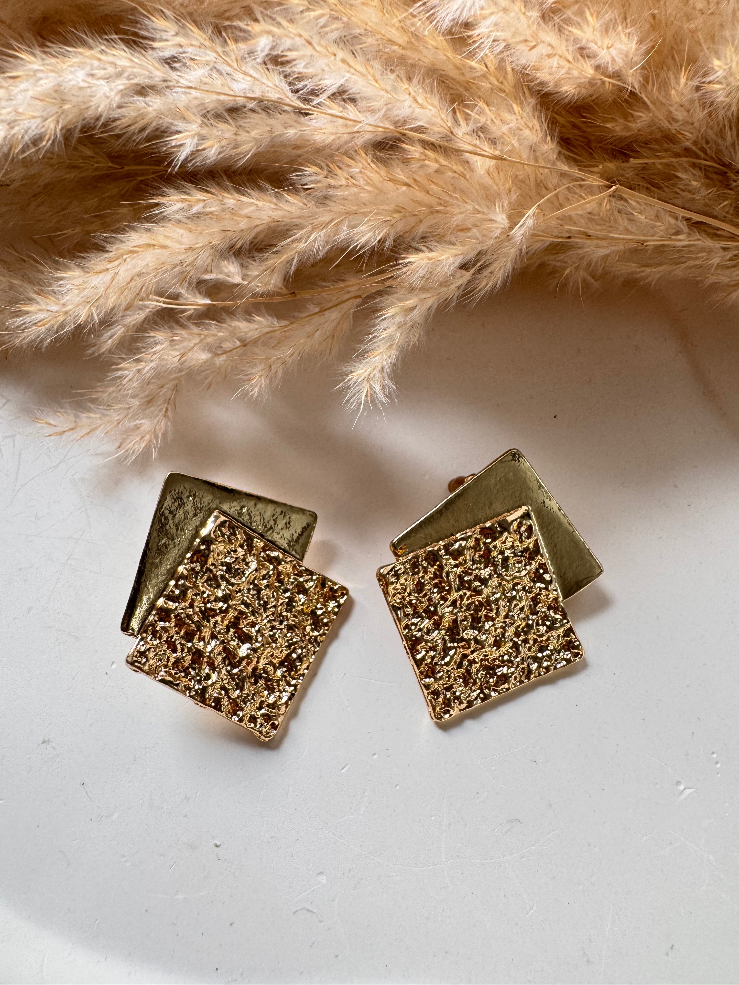 Textured Gold Square Statement Earrings