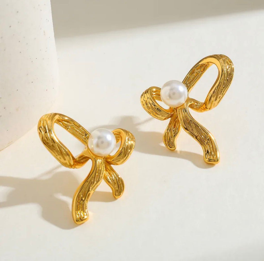 Gold Bow Pearl Earrings