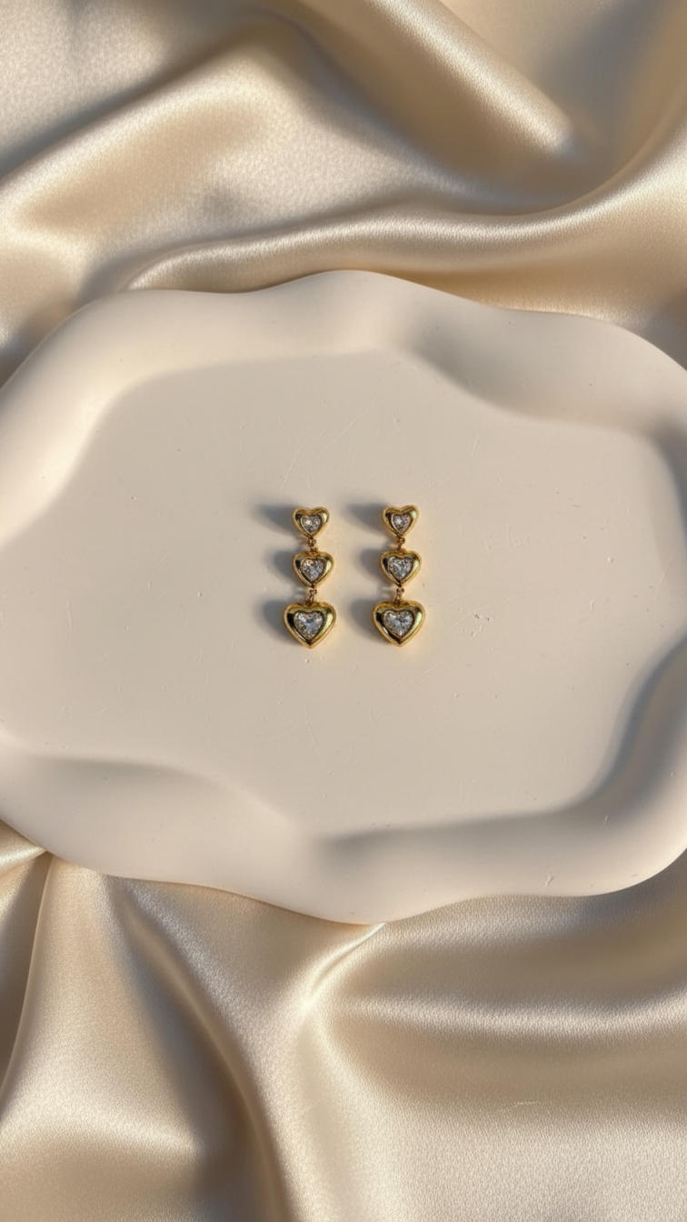 Triple Heart Gold Stud Earrings