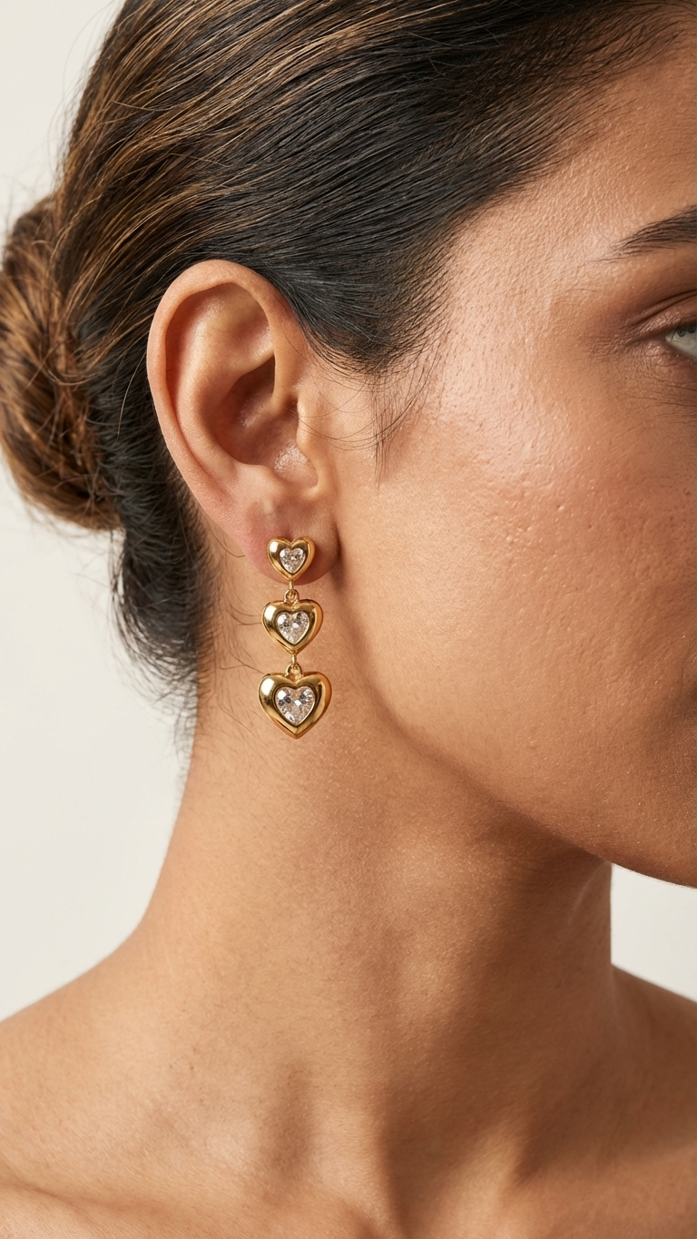 Triple Heart Gold Stud Earrings