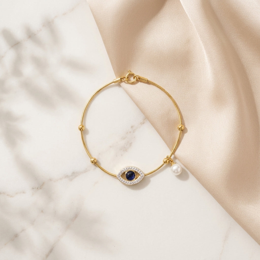 Nazar Pearl Charm Bracelet – Gold Anti-Tarnish Evil Eye Bracelet