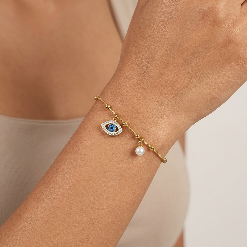Nazar Pearl Charm Bracelet – Gold Anti-Tarnish Evil Eye Bracelet