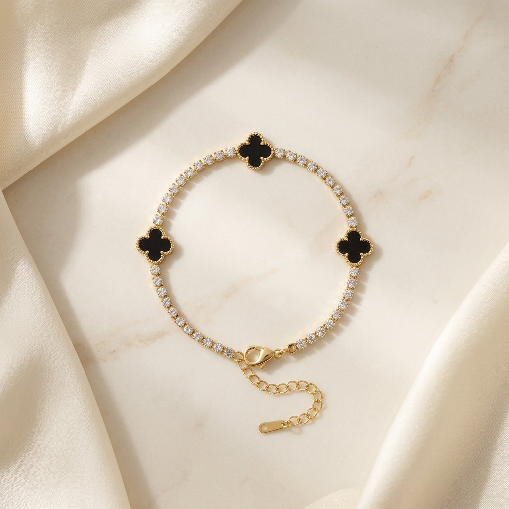 Noir Clover Tennis Bracelet – Gold Anti-Tarnish Crystal Bracelet