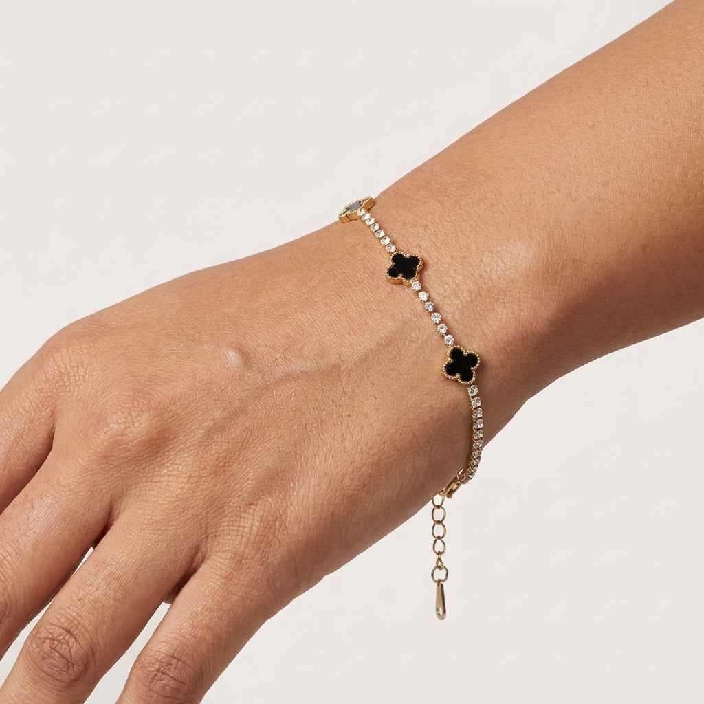 Noir Clover Tennis Bracelet – Gold Anti-Tarnish Crystal Bracelet