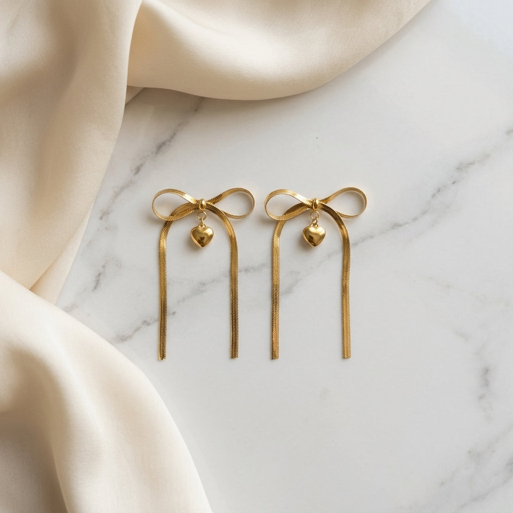 Amora Bow Drop Earrings – Gold Anti-Tarnish Heart Charm Earrings