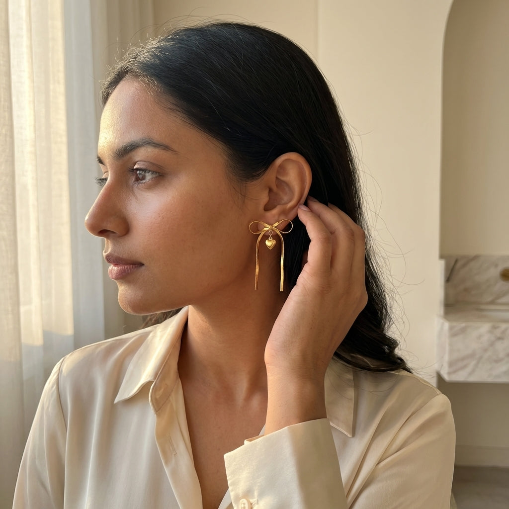 Amora Bow Drop Earrings – Gold Anti-Tarnish Heart Charm Earrings