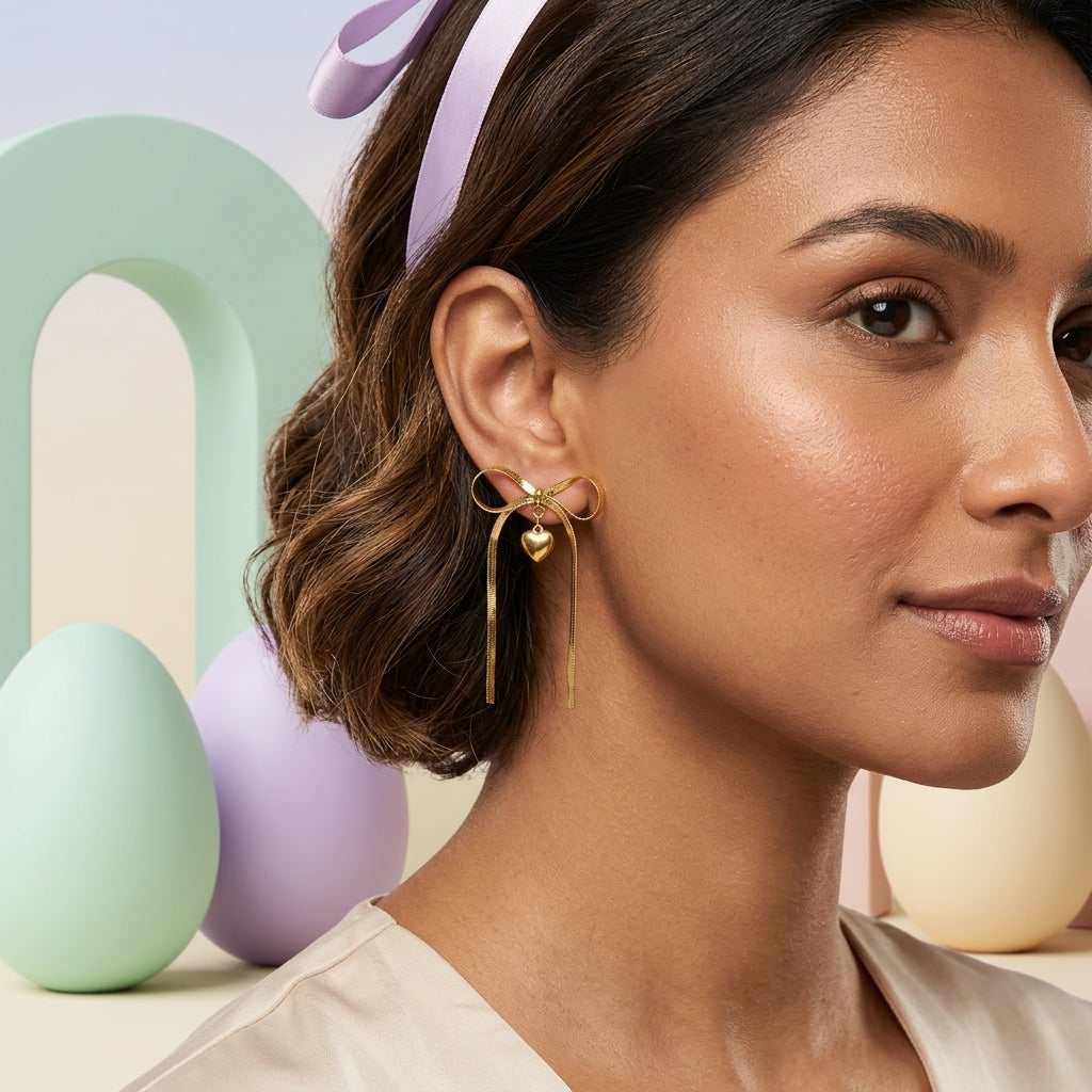 Amora Bow Drop Earrings – Gold Anti-Tarnish Heart Charm Earrings