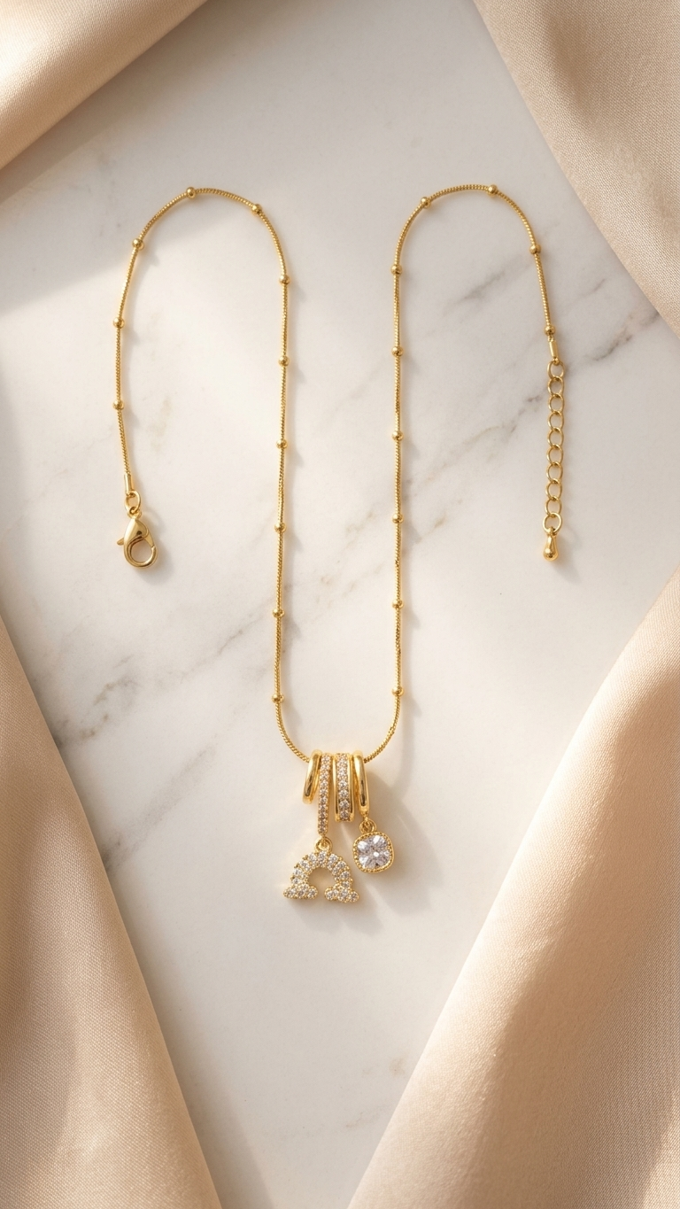 Minimal Gold Charm Necklace with Zircon Pendants