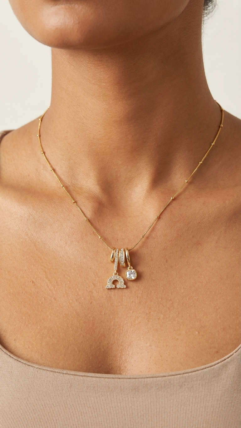 Minimal Gold Charm Necklace with Zircon Pendants