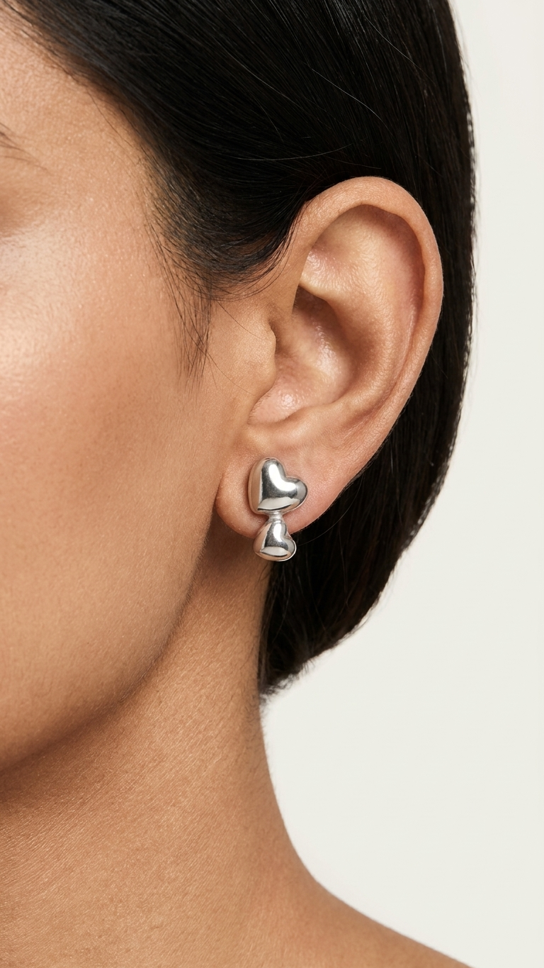 Twin Heart Silver Stud Earrings