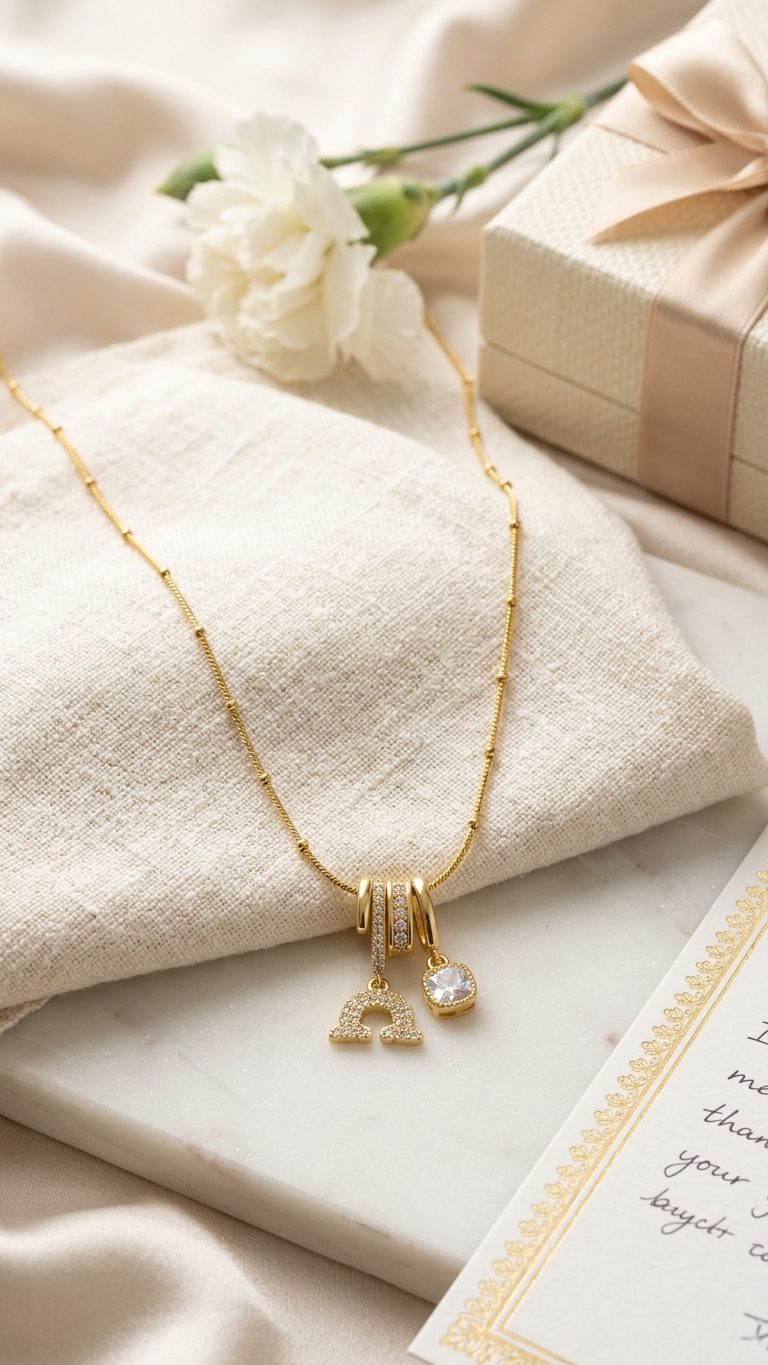 Minimal Gold Charm Necklace with Zircon Pendants