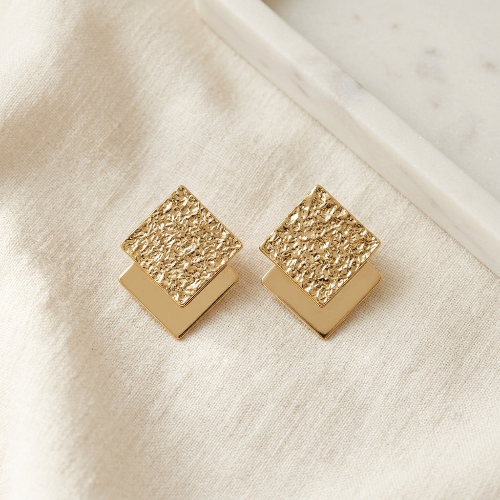 Textured Gold Square Statement Earrings