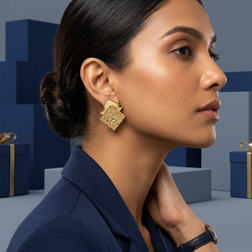 Textured Gold Square Statement Earrings