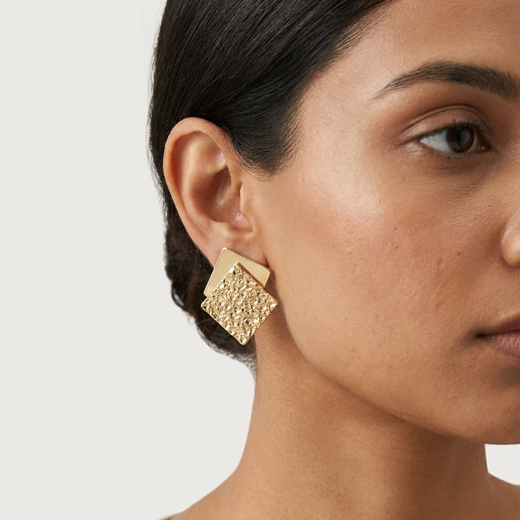 Textured Gold Square Statement Earrings